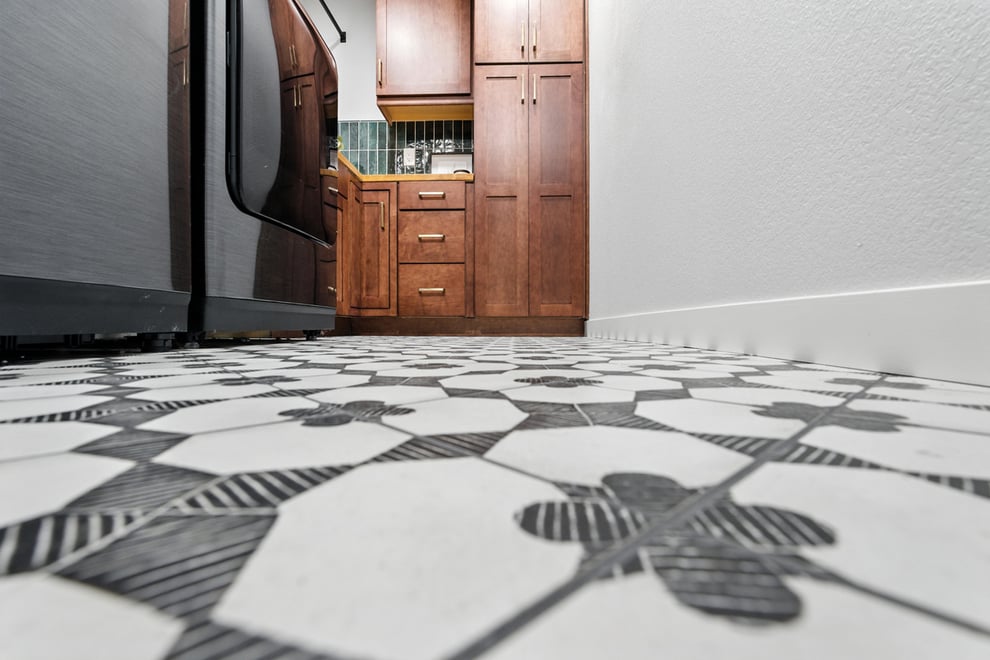 black and white patterened floor tile in Fresno laundry room remodel