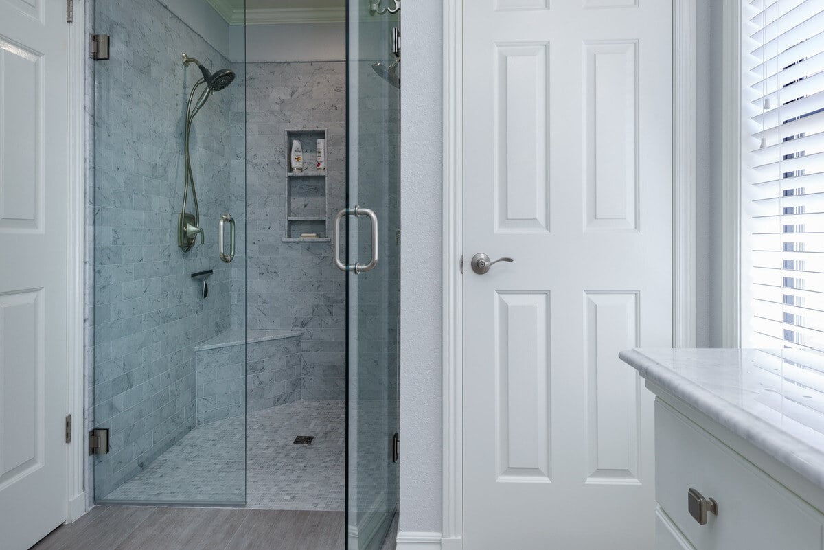 Curbless walk-in shower in Fresno aging in place bathroom remodel by Imagine Remodeling