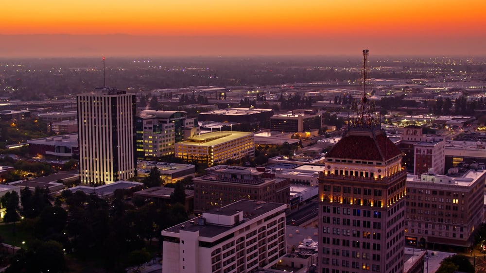 Downtown Fresno at dawn from above