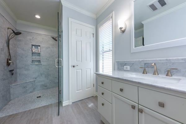 Aging in Place modern white bathroom remodel in fresno