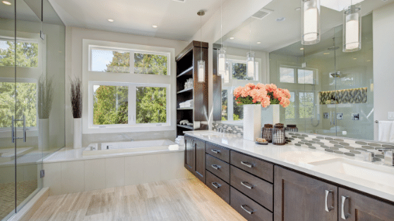 White bathroom with brown cabinets