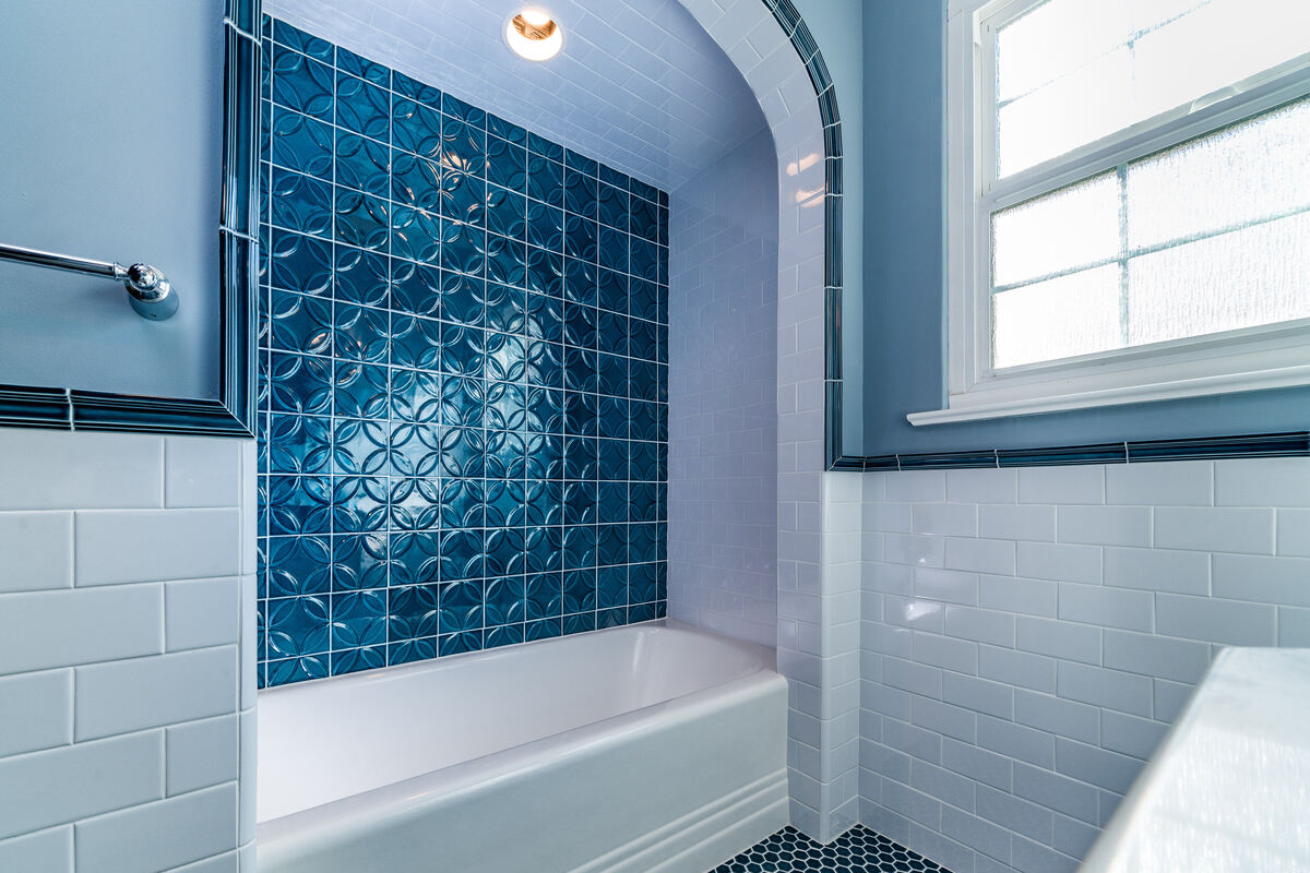 eclectic bathroom style with blue tiled squares with circle engravings in fresno (1)