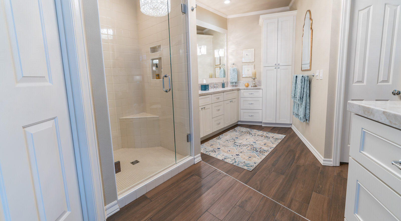 oak hardwood flooring with walk in tiled shower in fresno bathroom remodel costs (1)